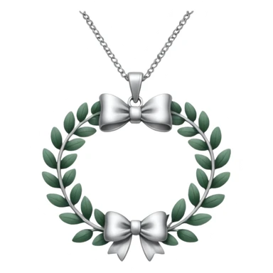 A silver necklace with a wreath shaped pendant and a bow at the top sticker