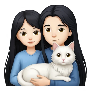 A young boy and a girl with long black hair holding a white long-haired cat sticker