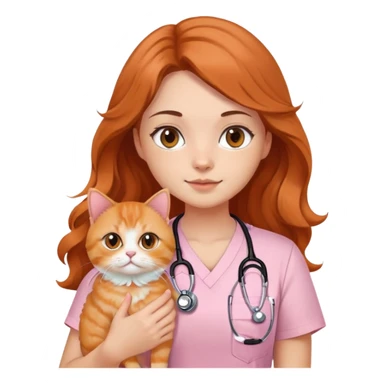 a girl with black eyes and long wavy hair, wearing a soft pink short-sleeved round neck tshirt with a stethoscope on her neck while holding an orange persian cat sticker