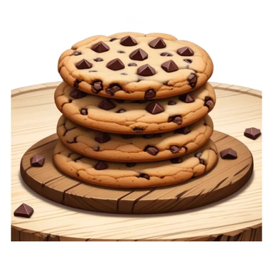 Cinematic crunchy chocolate chip cookies, freshly baked, golden-brown with gooey melted chocolate chunks, stacked on a rustic wooden plate, soft warm lighting, cozy and delicious. sticker