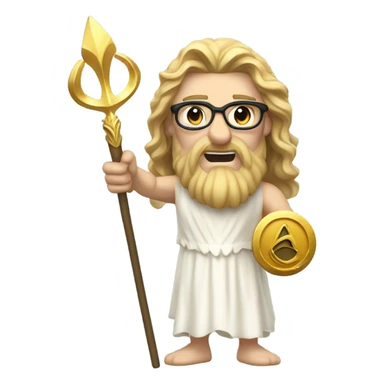 white Poseidon with gold Trident and nerd glasses. long hair white dress. smile . eye wink. point us with index sticker