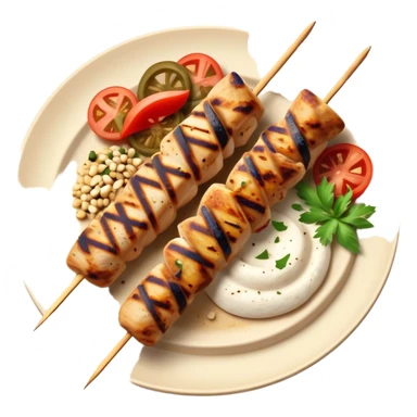 cinematic-realistic-souvlaki-dish-emoji,-showcasing-skewered,-grilled-chicken-with-mediterranean-spices-rendered-with-dynamic-textures-and-warm,-appetizing-lighting on pita bread on a plate sticker
