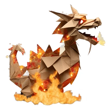 Charred flaming fiery Beige Origami dragon made of newspapers on fire letters on fire burnt paper surrounded by fairy lights swirls covered in dried flowers bokeh floral flowers fire flames sticker