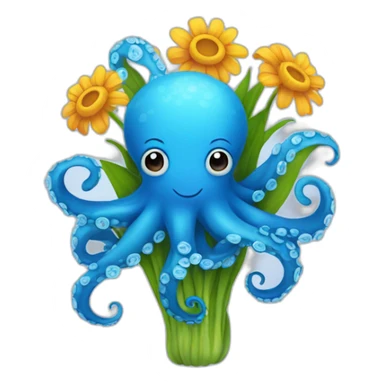 blue octopus, hold a bouquet of flowers sticker