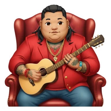 Icon for Chanson: Old fat chanson singer with tattoos, red jacket, gold chains and braslettes, sitting on a chair with an acoustic guitar. The atmosphere should reflect a nostalgic, soulful vibe with vintage elements. Transparent background. sticker