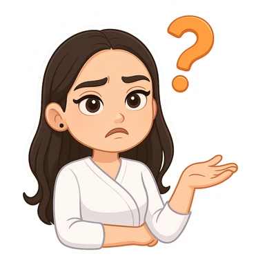 Create a chibi sticker of the girl from the reference image with long hair as shown. She has a questioning expression and gesture like 'what the heck?', in 3D bitmoji chibi style with a white outline and transparent background. sticker