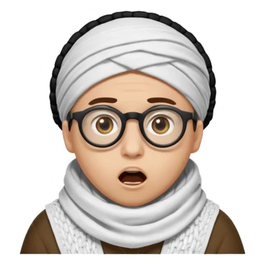 A person with light skin tone, wearing a traditional white shemagh with a BALCK AGAL, large brown eyes, round glasses, and an open mouth showing a surprised or shocked expression. sticker