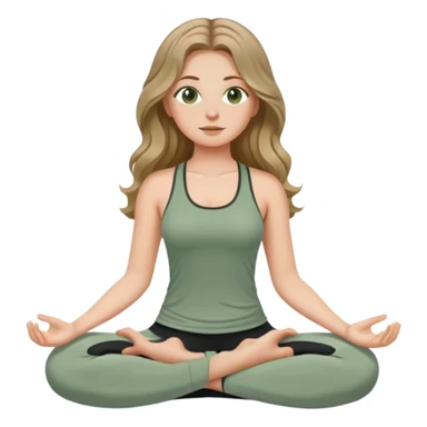 White girl, with long wavy dark blonde hair and hazel eyes, meditating wearing sage green top and black leggings sticker