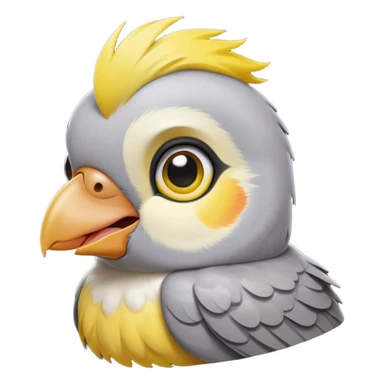 Cinematic Cute Cockatiel Portrait Emoji, Head tilted playfully and inquisitively, featuring a smooth grey fur with bright yellow accents and a perky crest, round, sparkling dark eyes filled with curiosity, Simplified yet irresistibly adorable features, highly detailed, glowing with a warm, friendly glow, high shine, affectionate and lively, stylized with a touch of whimsy, bright and endearing, soft glowing outline, capturing the essence of a mischievous yet loving cockatiel, so playful it feels like it could chirp out of the screen and into your arms! sticker