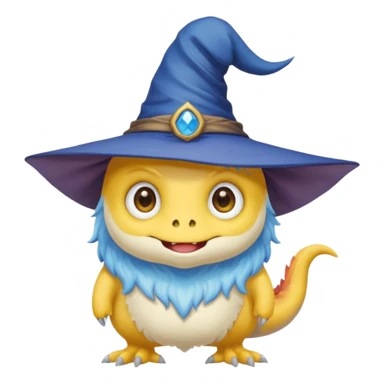 cute monster with white body, yellow tail, wearing blue sky witch hat. the face facing the front towards the 4th wall sticker