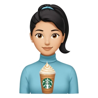  tan skin woman with long face, and very short black hair slicked back ponytail with forehead showing, wearing solid light blue turtleneck shirt, drinking starbucks caramel frappuccino, smiling with middle parted hair sticker