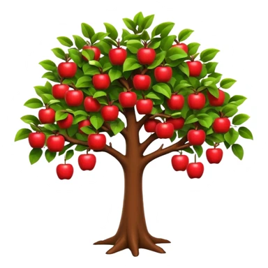 A 3D cartoon apple tree with red apples hanging from its branches, lush green leaves, bright daylight, Memoji-style realism. sticker