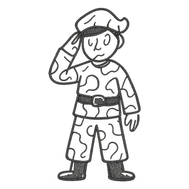 Remove the text from the chest, keep the little soldier doll with a camouflage uniform (cream, brown, beige), saluting like a military figure, in a hand-drawn style. sticker