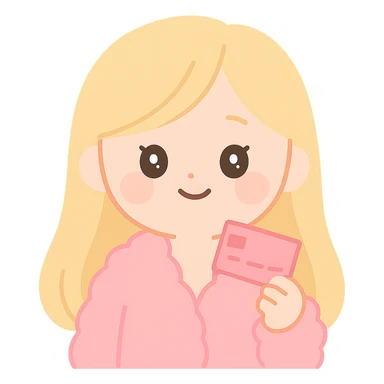 blonde girl with long hair, pink fur jacket, holding a pink credit card, cute and playful sticker