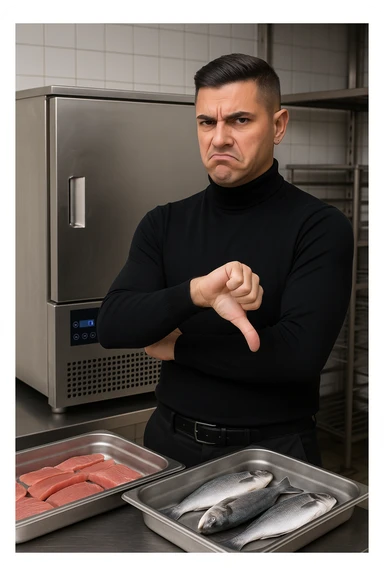 a man stands in front of a commercial fish blast freezer (abbattitore), arms crossed and a displeased, skeptical expression on his face. He shakes his head or gives a thumbs down, clearly rejecting the use of the freezer. The background shows a professional kitchen or fish processing area, with trays of fish ready for freezing. in italiano sticker