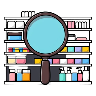 front view magnifying glass over empty beauty product shelf searching sticker