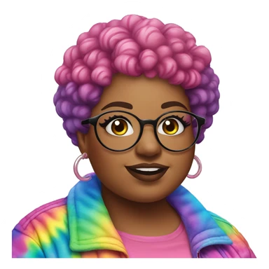 Plus size black woman with chinky eyes, pink curly pixie cut hair and a rainbow tie dye bubble jacket  sticker