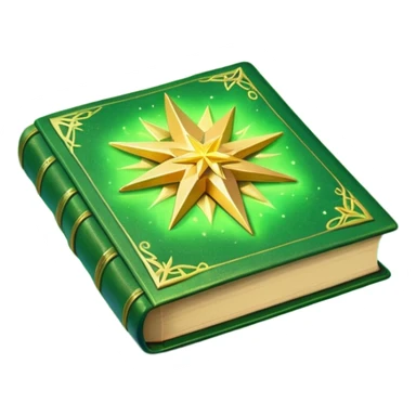 A **green, glowing book** with **golden edges**, floating with **sparkles and magical wisps** around it. The cover features a **golden starburst sigil**, symbolizing charm and radiance. ✨📖 sticker