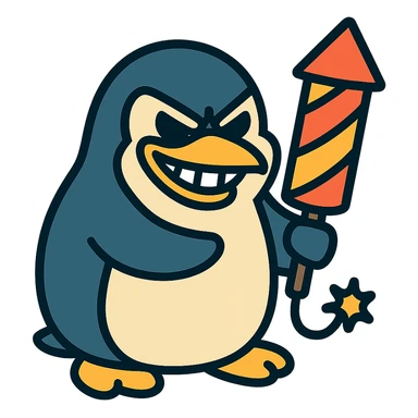 penguin holding a firework, grinning menacingly sticker