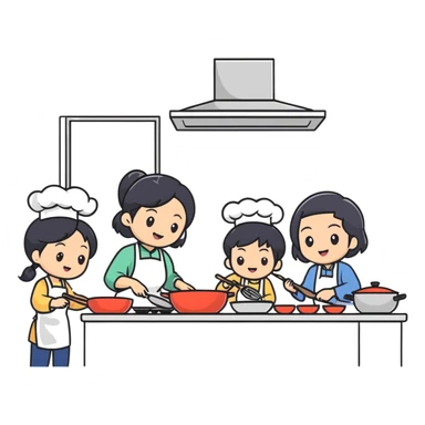 East Asian family with black hair cooking together in the kitchen sticker
