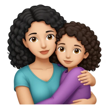 Hispanic mother with curly black hair and daughter with straight brown hair hugging sticker