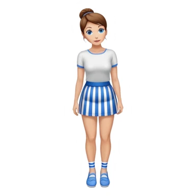 Pretty 50-year-old woman with 1 miniskirt that is blue and white striped brown hair in bun blue eyes and pretty legs sticker