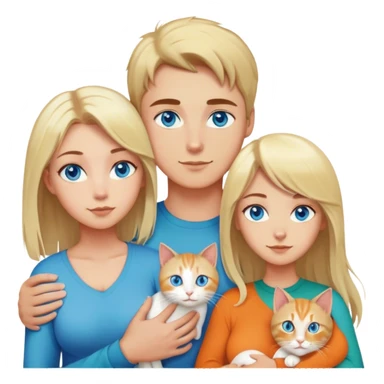 A family with a younger man with blue eyes and short brown hair, a younger woman with blue eyes, mid length blonde hair, and big breasts. And a cat with long hair that is a mix between orange and cream and green eyes sticker