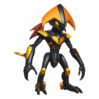 a shiny metallic black-orange-yellow Genesect-Flygon-Raptor-Fakémon-Medabot-hybrid with a futuristic visor-helmet full body sticker