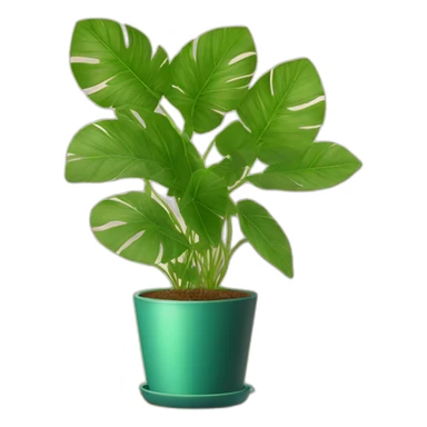 home plant with big leaves in a golden pot with a stand sticker
