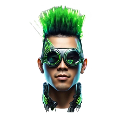 Mohawk hair with neon green highlights Asian male cyborg head with neon silver steampunk goggles and circuits sticker