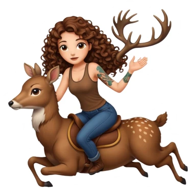 cute woman long curly brown hair tattoos riding calm deer sticker