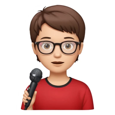 singer, Old, brown short hair, holding mic, red shirt glasses sticker
