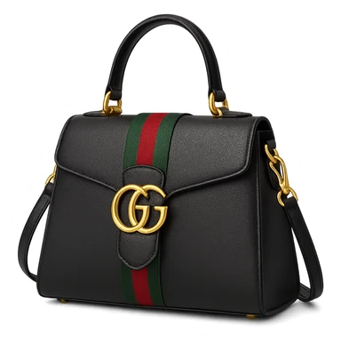 gucci bag, luxury designer handbag, gold accents, green and red stripe, elegant, high fashion, isolated, no background sticker