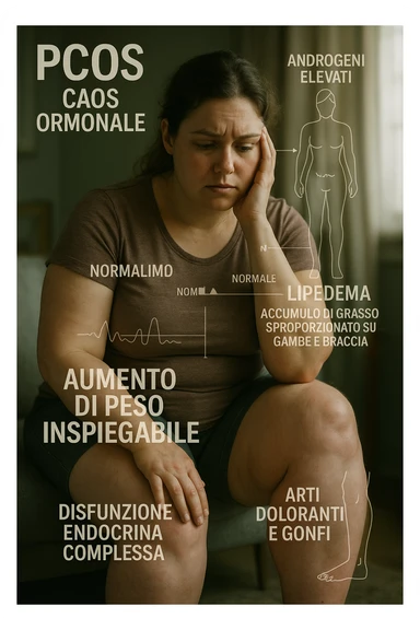 cinematic realistic Woman with PCOS struggling with hormonal chaos, transparent overlay showing elevated androgens and insulin resistance affecting her body, lipedema causing disproportionate fat accumulation in legs and arms despite normal torso, expression of frustration with unexplained weight gain, medical charts showing complex endocrine dysfunction, painful swollen limbs contrasting with metabolic confusion scrivi i testi in italiano sticker
