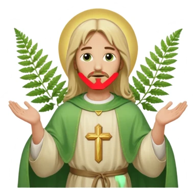 Jesus, green eyes, blonde hair, light green chasuble. opening arms, gazing thoughtfully. Soft light, subtle fern. Waist-up, profile. sticker