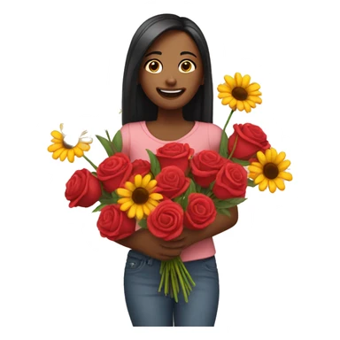 An emoji in love holding a bouquet of flowers sticker