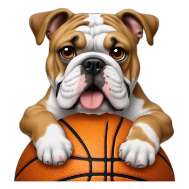 English bulldog on a basketball ball with one visible teeths sticker