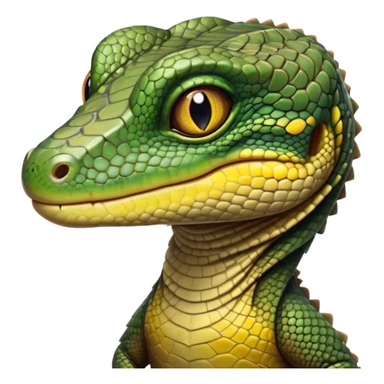 cinematic-realistic-cute-monitor-lizard-portrait-emoji,-head-tilted-playfully-and-inquisitively,-featuring-a-compact,-agile-body-with-finely-detailed,-glossy-scales-in-earthy-olive-hues-and-a-distinct,-alert-face-with-bright,-curious-eyes, black , yellow spotted and green band  scales sticker