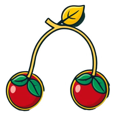 Two cherries with golden stems connected, paired with dark green leaves sticker