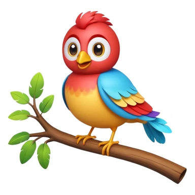 A colorful 3D cartoon bird perched on a small branch, bright feathers, round eyes, and cheerful smile, soft lighting, Memoji-style rendering. sticker