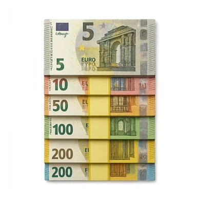 a stack of Euro banknotes viewed from the top, showing the bills' details and colors sticker