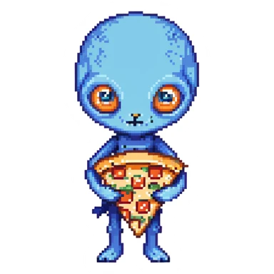 A blue alien with big eyes holding a pizza slice sticker