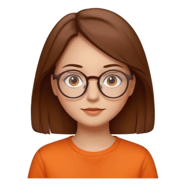 brown hair woman with round glasses orange shirt no smile sticker