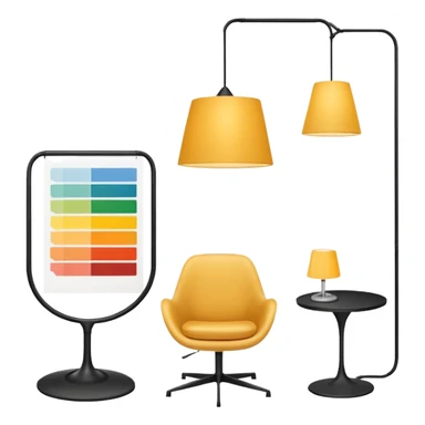 Create a minimalistic and stylish custom emoji that represents a premium interior design studio. The emoji should include a sleek modern chair, a hanging designer lamp, and architectural elements like a floor plan or a paint swatch.  sticker