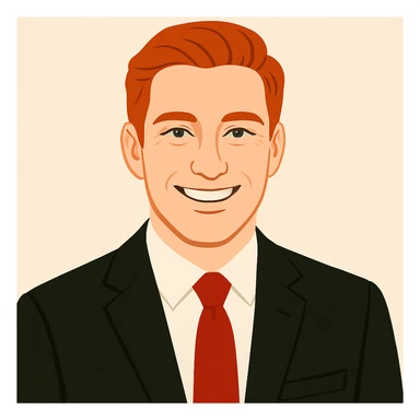 Headshot of a red-haired man in a black suit with a red tie, smiling, showing only the head and a bit of the torso, no beard, clean modern illustration style. sticker