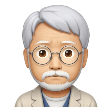 Cinematic Realistic Hayao Miyazaki Portrait Emoji, depicted as a visionary filmmaker with a gentle imaginative expression and artistic flair, rendered with delicate textures and soft enchanting lighting that captures his legendary storytelling. sticker