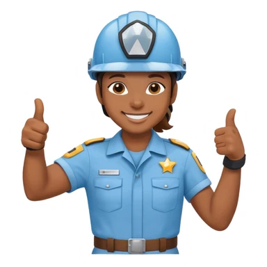 karyawan mengunakan helmet dan berseragam biru langit dan tersenyum dan mengacungkan jempol sticker