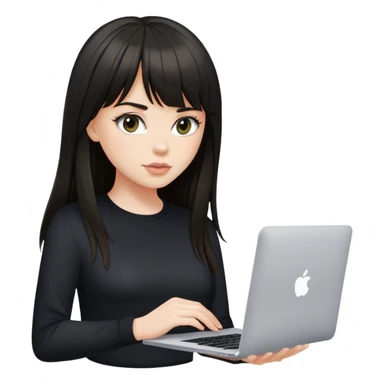 Beautiful white girl with dark long hair with bang in black shirt with MacBook  sticker