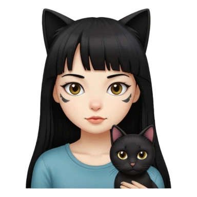 girl with long black straight bangs hair and small tattoo and a Black haired cat sticker