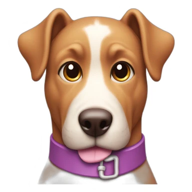 a purple dog with a brown nose and a pink collar with a bone eat cake sticker